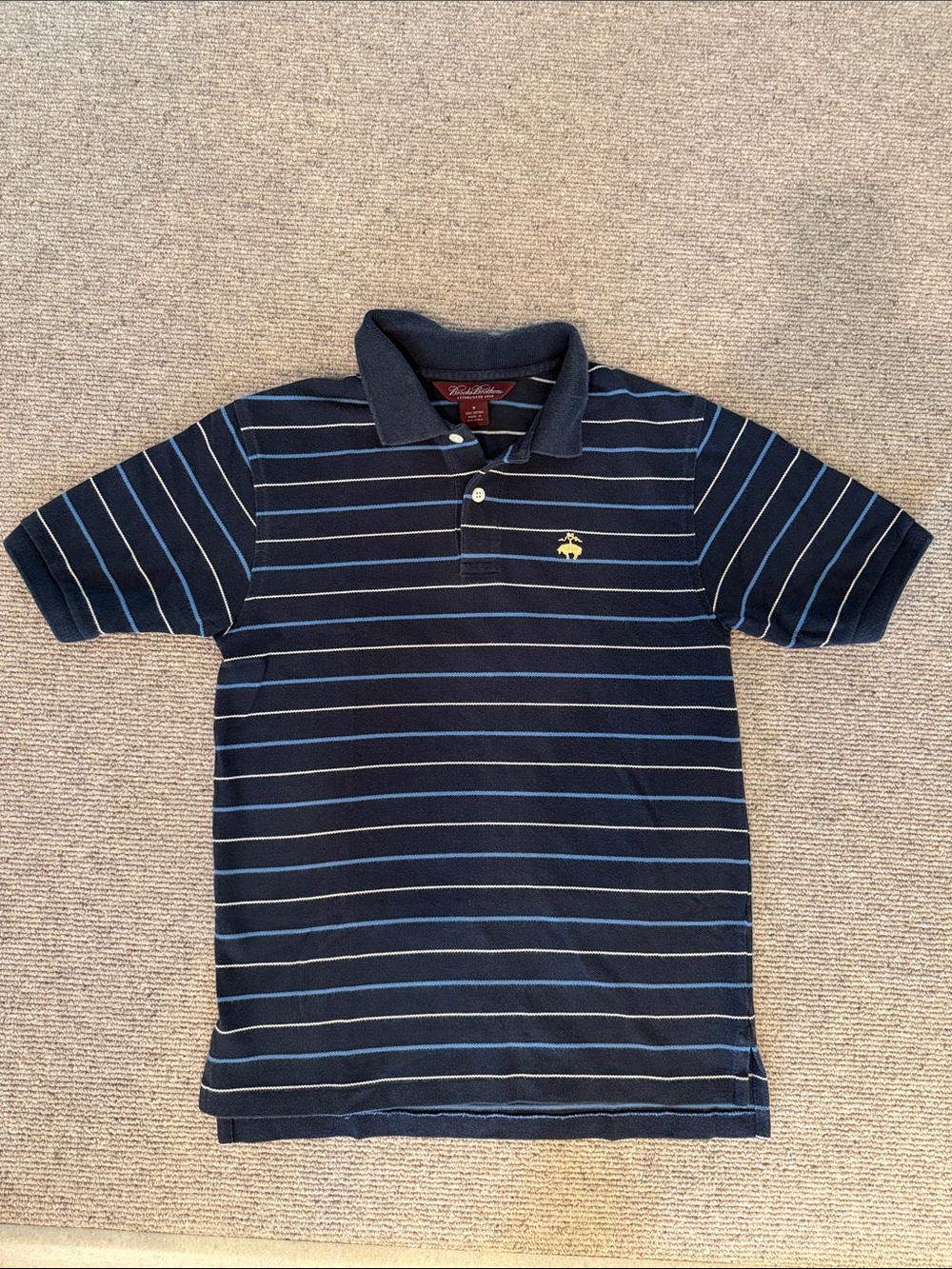 Brooks Brothers Cotton Navy Polo- Light Blue & Yellow Stripes Boys Size Medium
